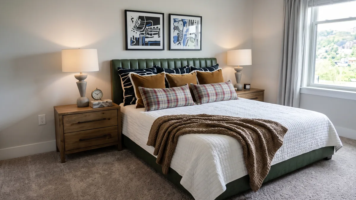 Model residence bedroom with a green upholstered bed and wood nightstands