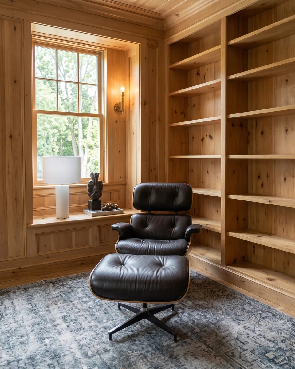 Leather lounge chair and ottoman in a wood-paneled library