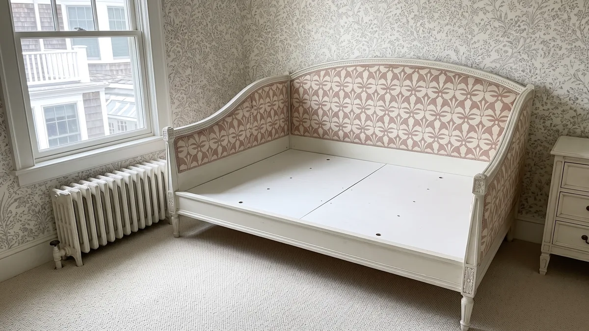 Children's room daybed with a patterned upholstered back