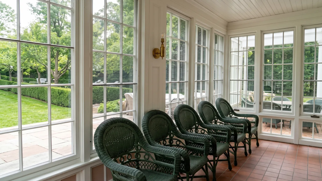 Sunroom with a row of green wicker armchairs in an East Hampton home