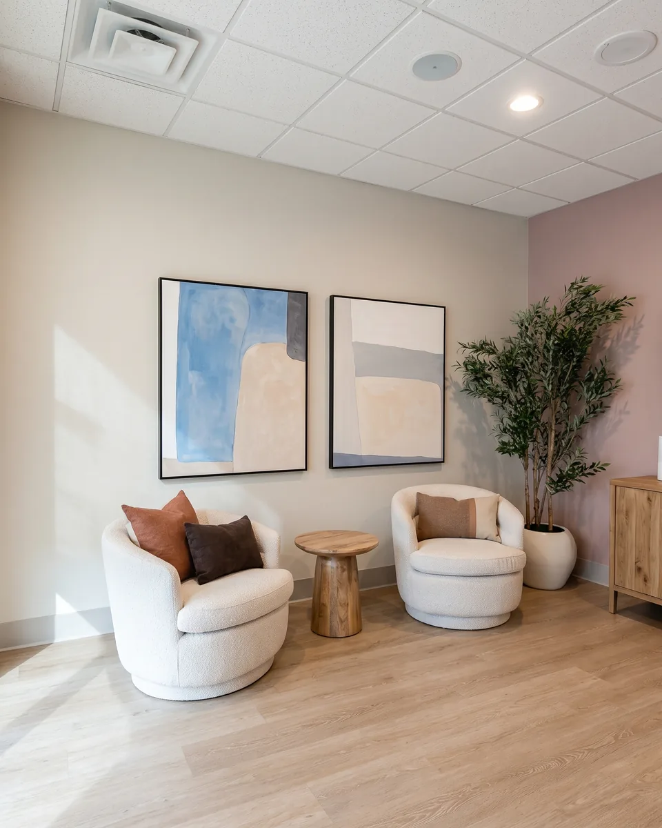 Dallas-area med spa lounge corner with cream swivel chairs and pillows