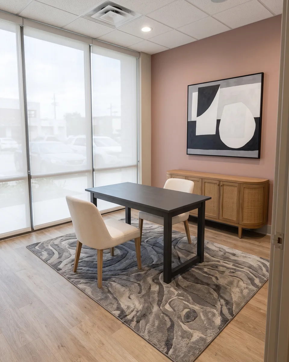 Med spa consult room with large framed artwork, a desk and a wood sideboard