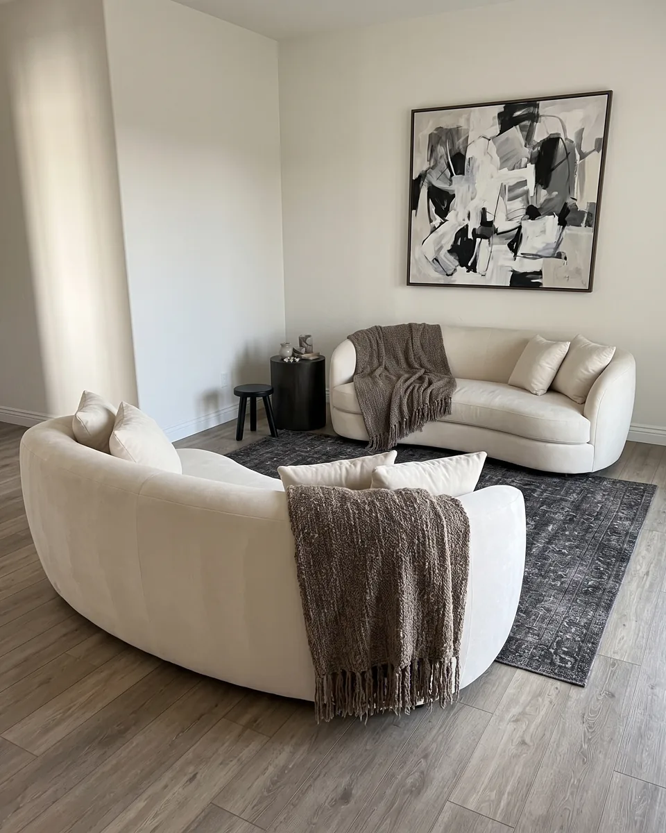 Curved cream sofas with brown throws under abstract art