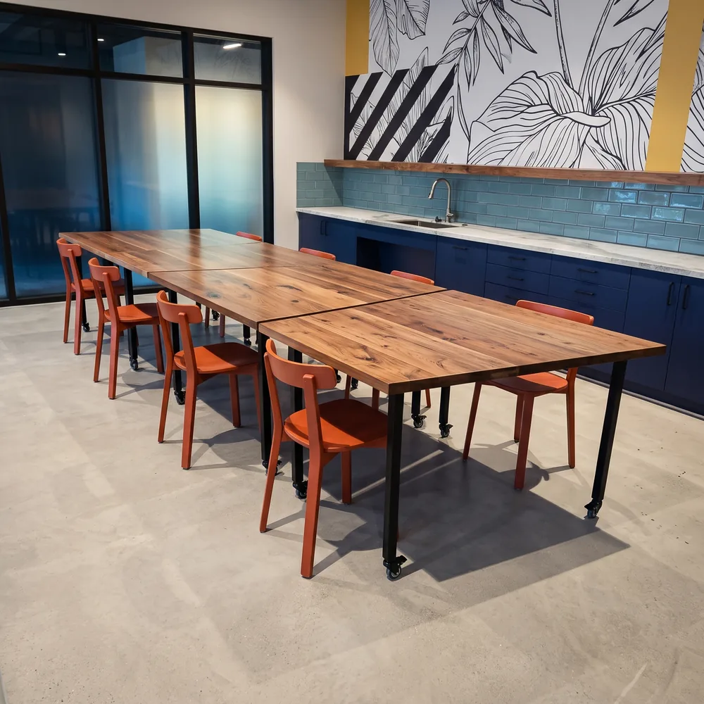 Long walnut communal table with red chairs on an apartment amenity floor