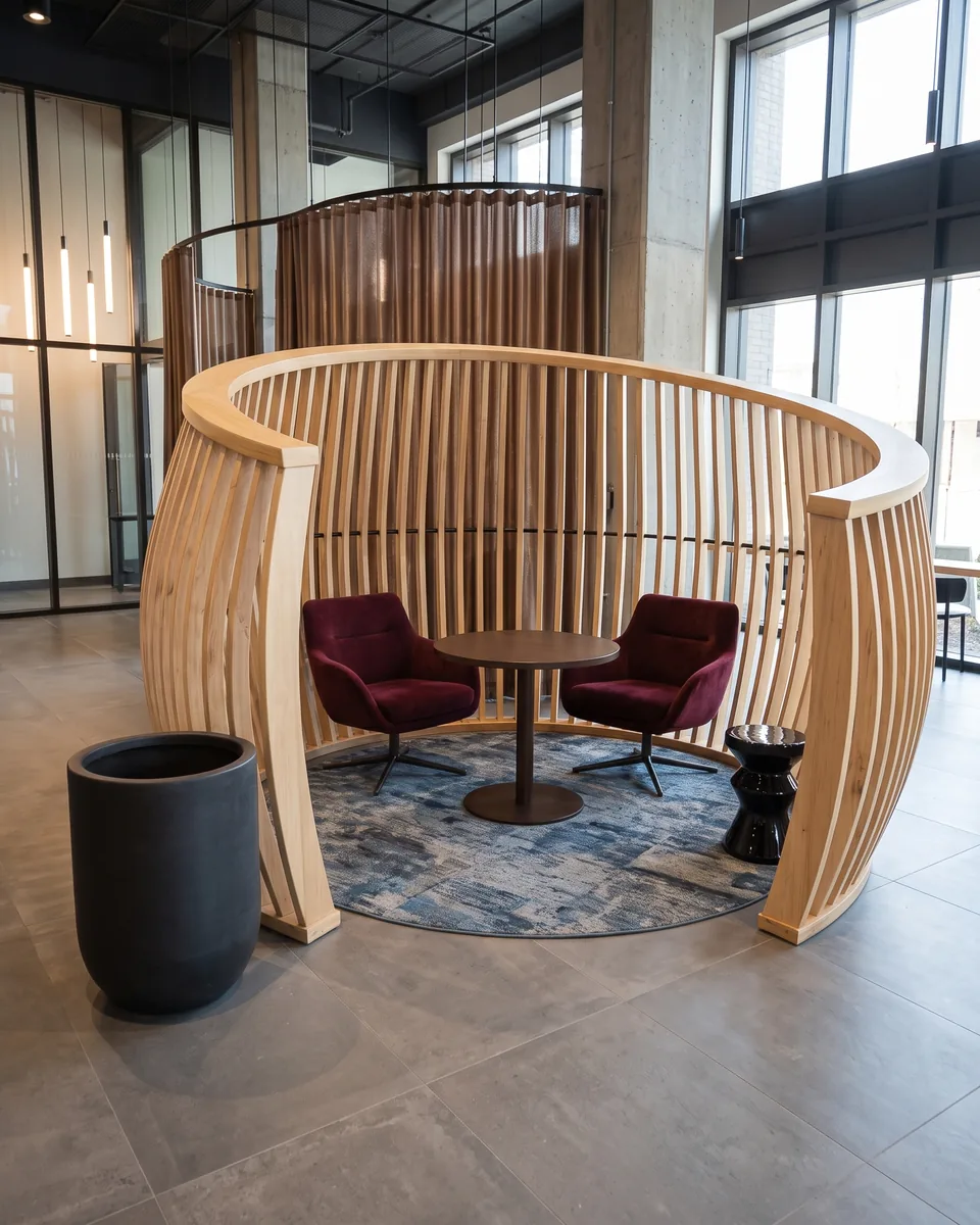 Wood-slat lounge pod with a round table and two upholstered chairs