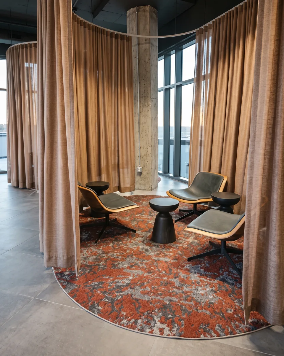 Curtained lounge pod with gray lounge chairs and small side tables