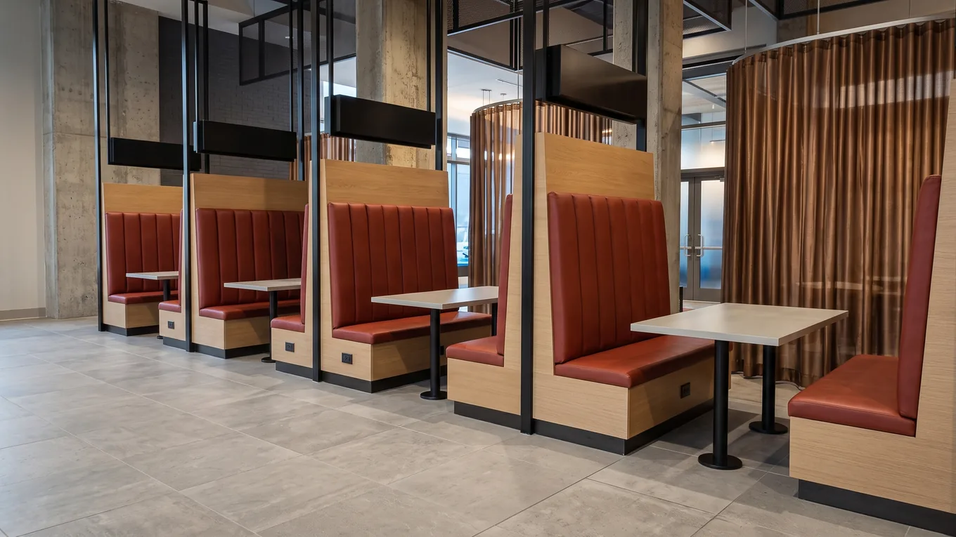 Red booths on an apartment amenity floor in Falls Church, Virginia