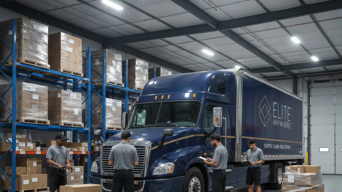 Elite Anywhere team inspecting palletised freight against shipping paperwork at the warehouse dock