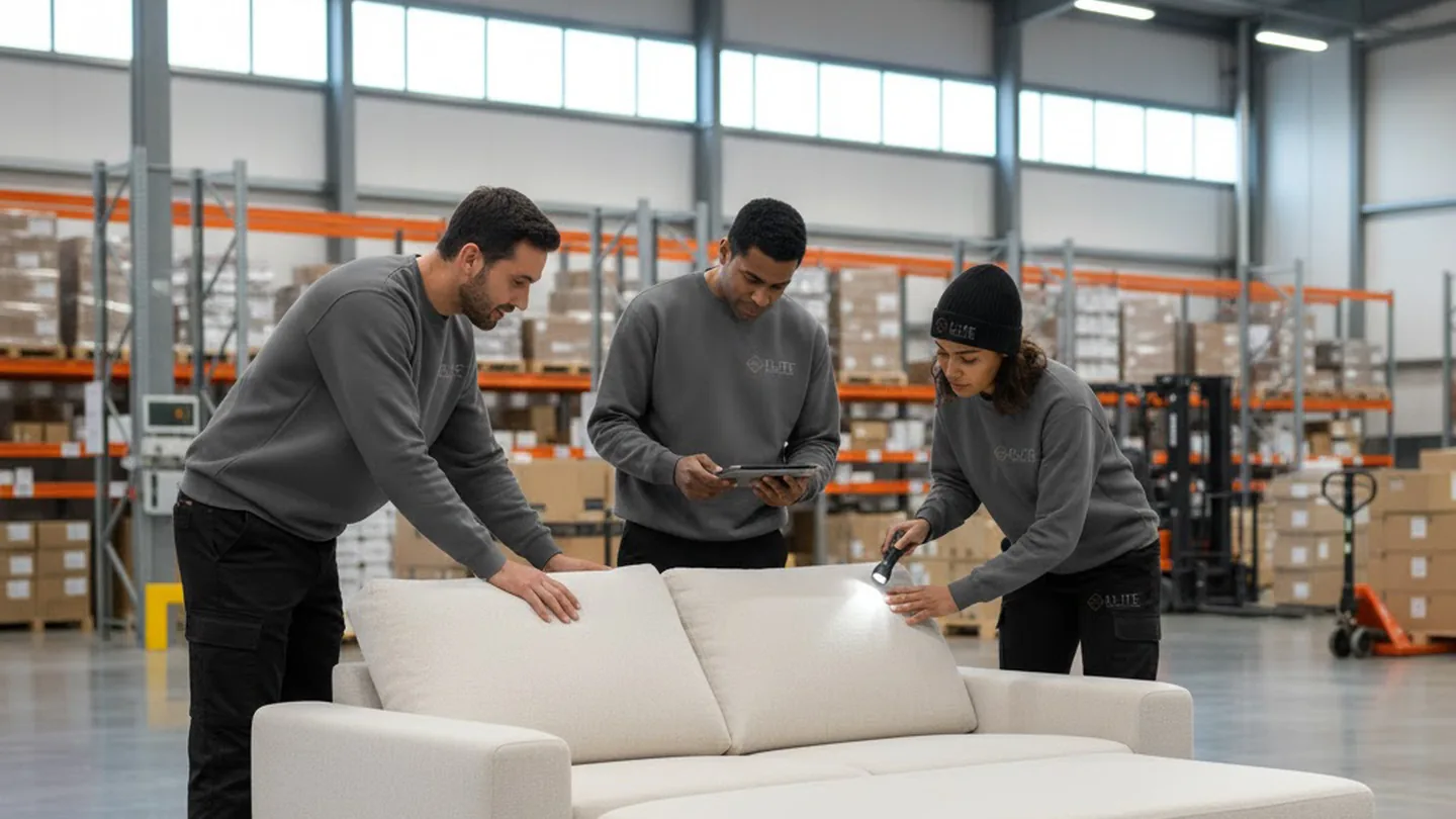 Elite Anywhere warehouse team inspecting a sofa bed with a flashlight and tablet at the fulfillment center