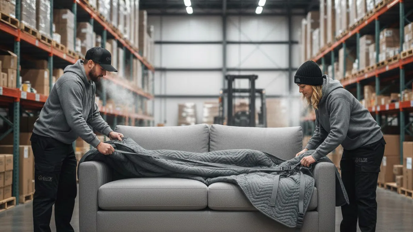 Elite Anywhere crew blanket-wrapping a sofa on a pallet for a protected long-distance move