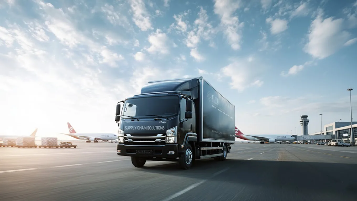 Elite Anywhere branded truck on an airport tarmac beside cargo aircraft at sunrise