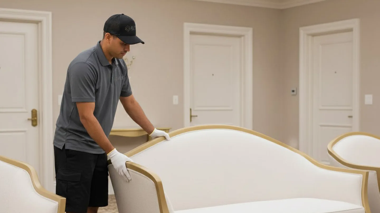 Elite Anywhere mover in white gloves placing a gold French-style settee in a carpeted room