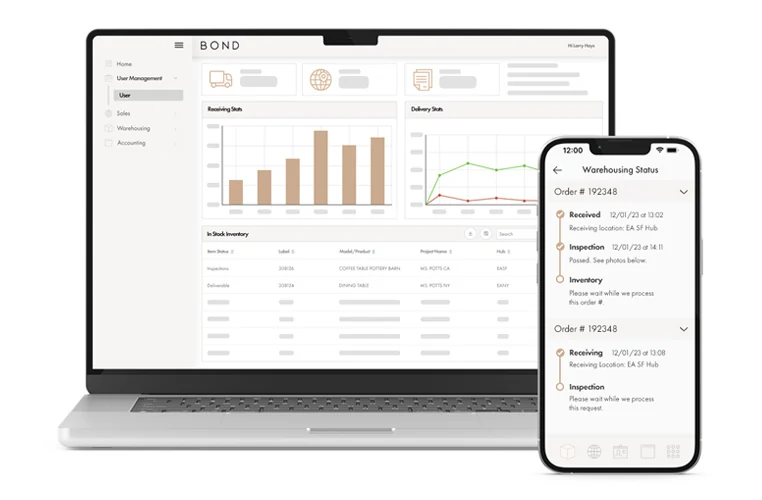 Bond platform dashboard — order records, delivery status, and sign-off on laptop and mobile
