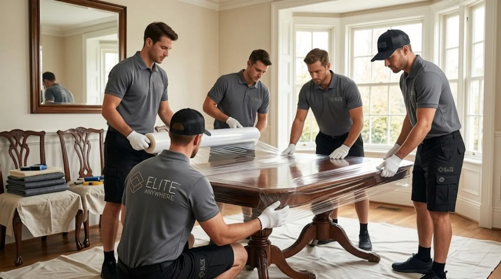 Elite Anywhere handlers wrapping a high-value piece — White Glove Delivery in Boston