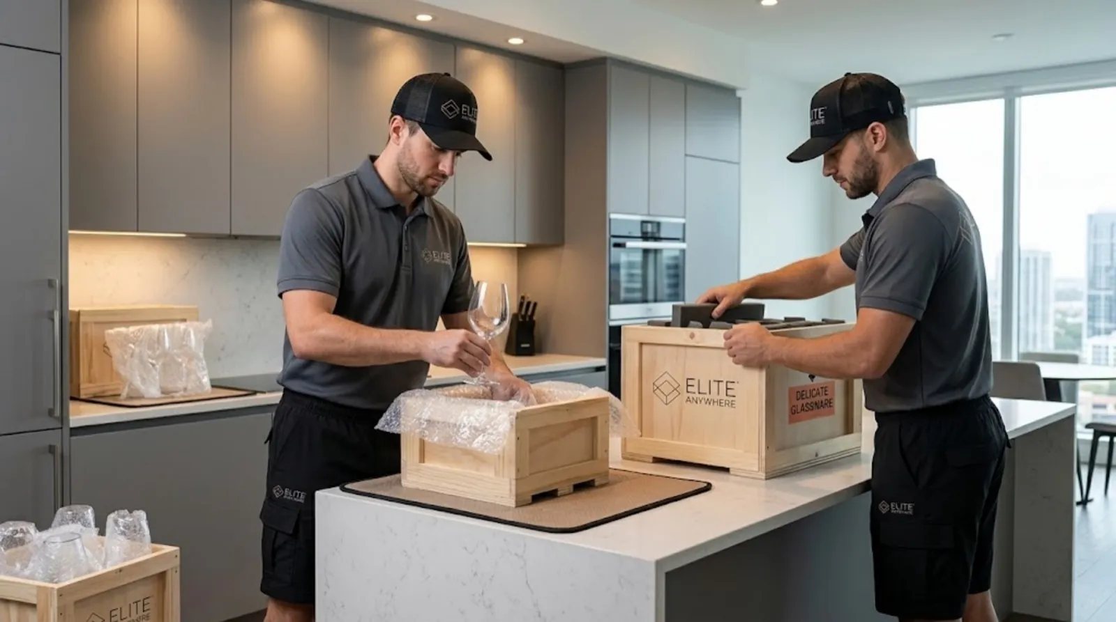 Elite Anywhere handlers wrapping a high-value piece — Receiving Warehouse & Design Receiving Services
