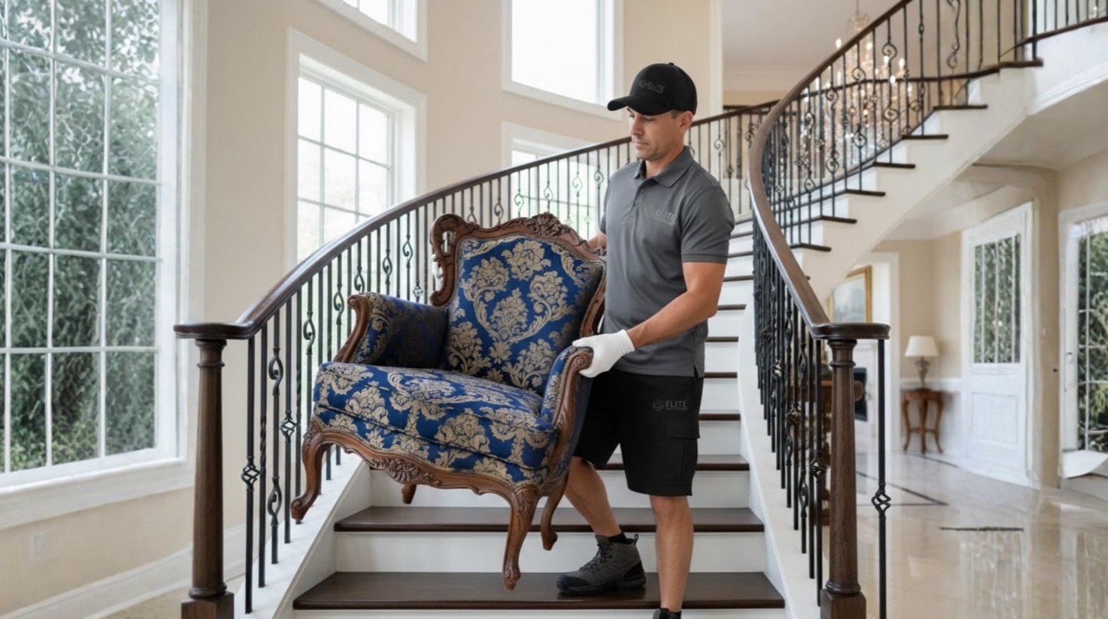 Elite Anywhere mover carrying an ornate blue armchair down a grand staircase