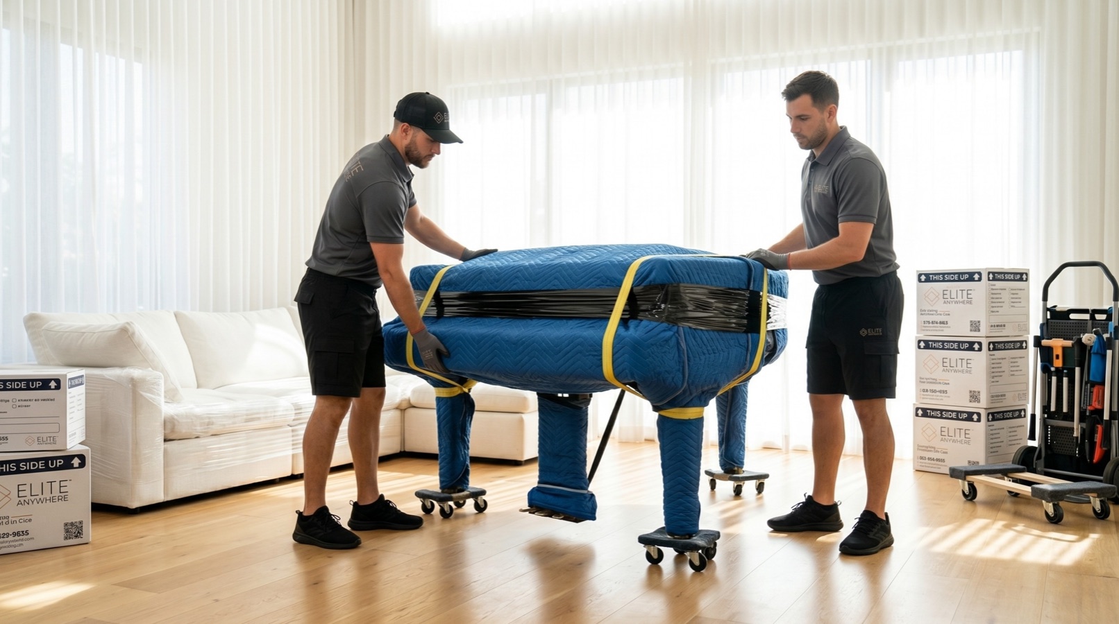 Two Elite Anywhere movers using lifting straps to move a grand piano