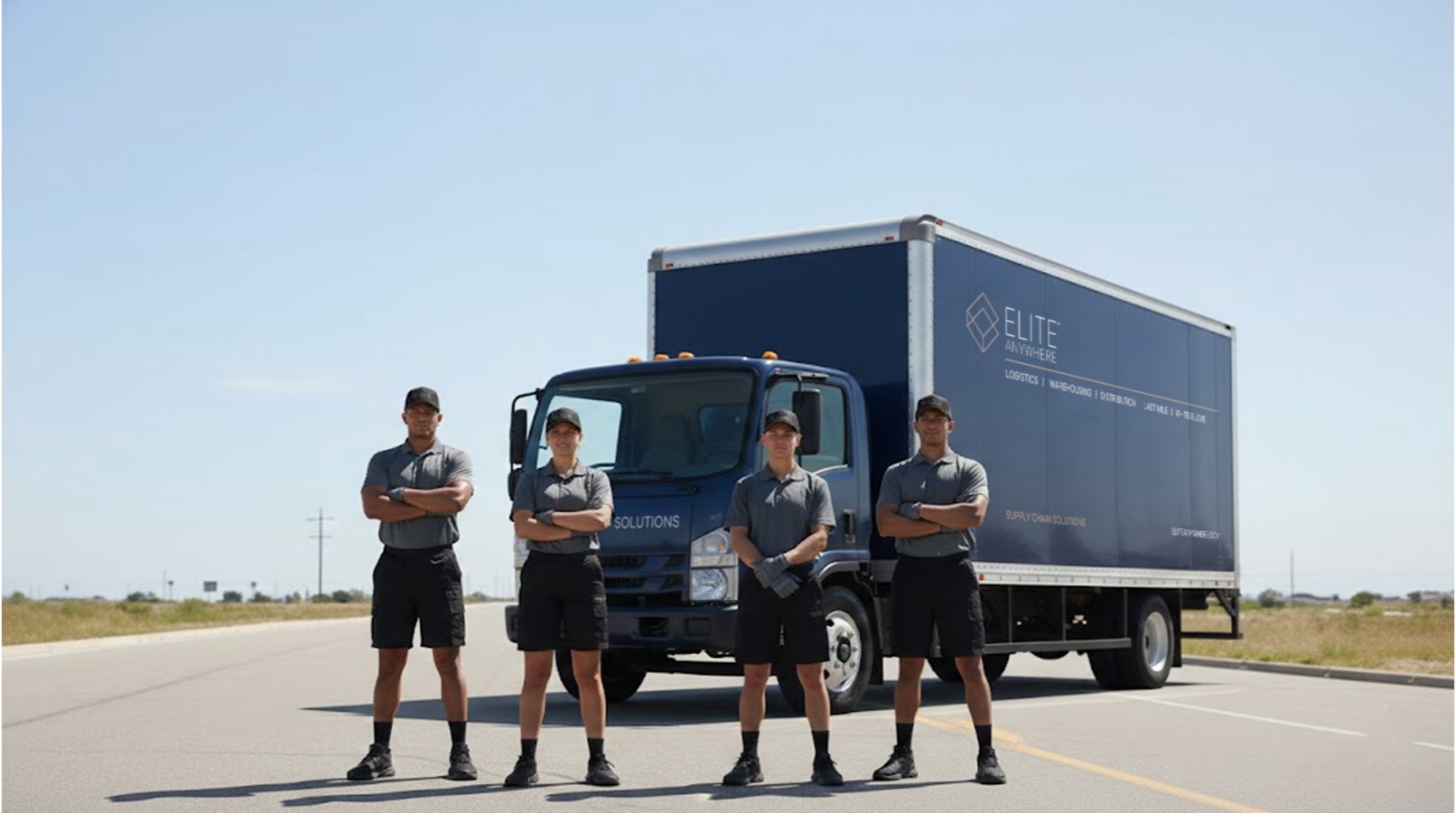 Four Elite Anywhere team members in uniform standing in front of a branded box truck