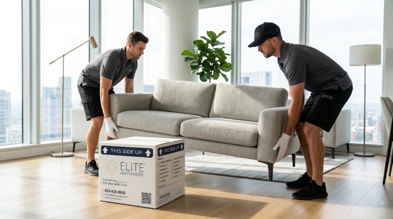 Two Elite Anywhere movers carrying a grey sofa in a high-rise apartment with city views