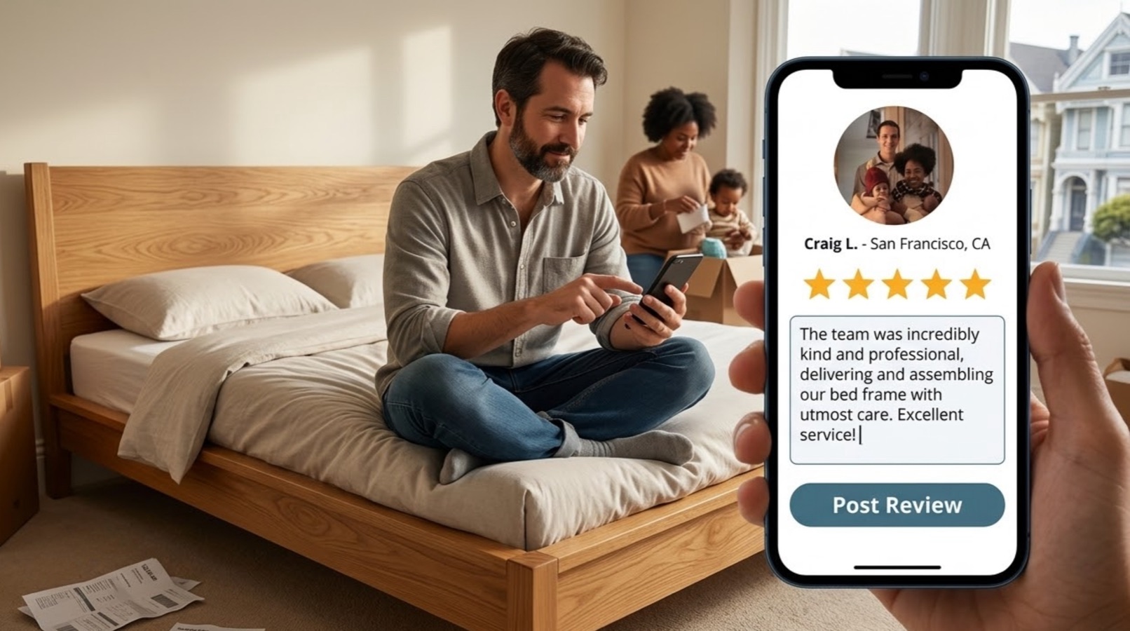 Man on his phone with a 5-star review overlay, family unpacking behind him
