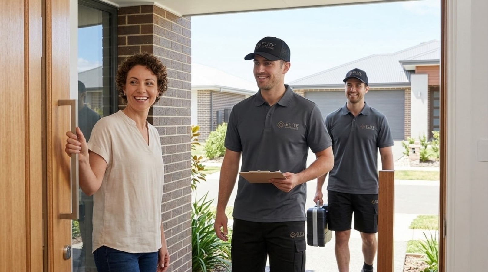 Two Elite Anywhere team members greeting a smiling woman at her front door