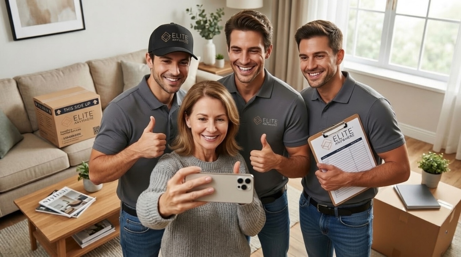 Woman taking a selfie with three smiling Elite Anywhere team members inside her home