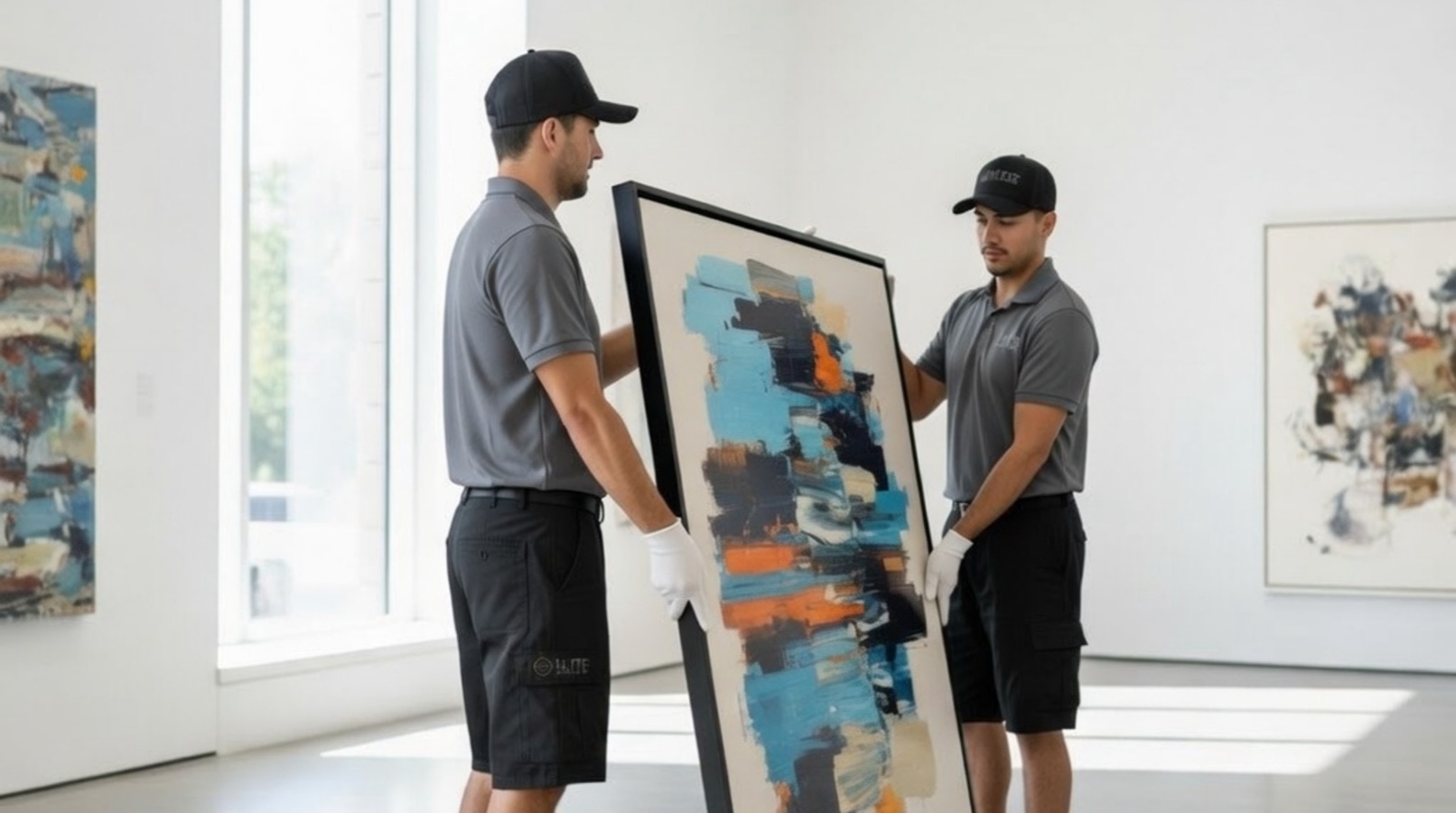 Two Elite Anywhere movers carefully handling a large framed abstract painting inside a bright art gallery