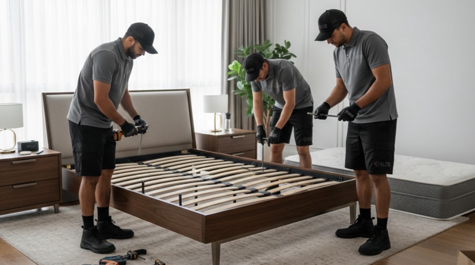 Three Elite Anywhere movers assembling a wooden bed frame with tools in a furnished bedroom