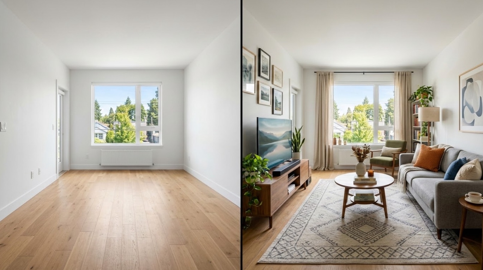 Before-and-after of an empty room transformed into a fully furnished living space