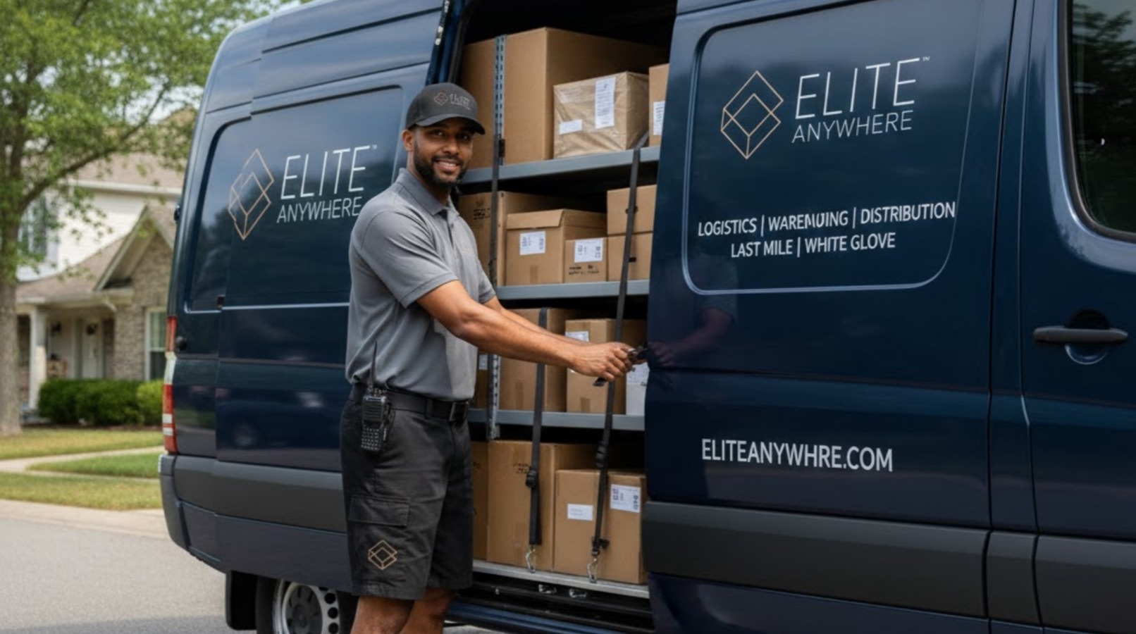 Elite Anywhere driver opening the side door of a branded van loaded with packages