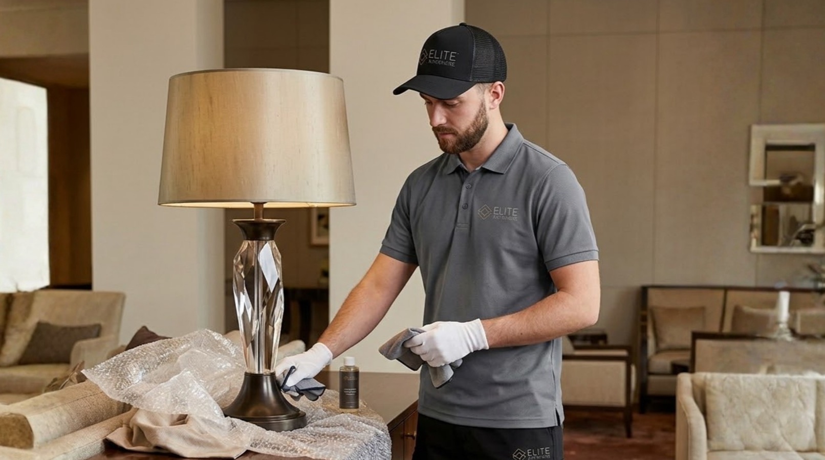 Technician inspecting a luxury lamp beside bubble wrap in an upscale room