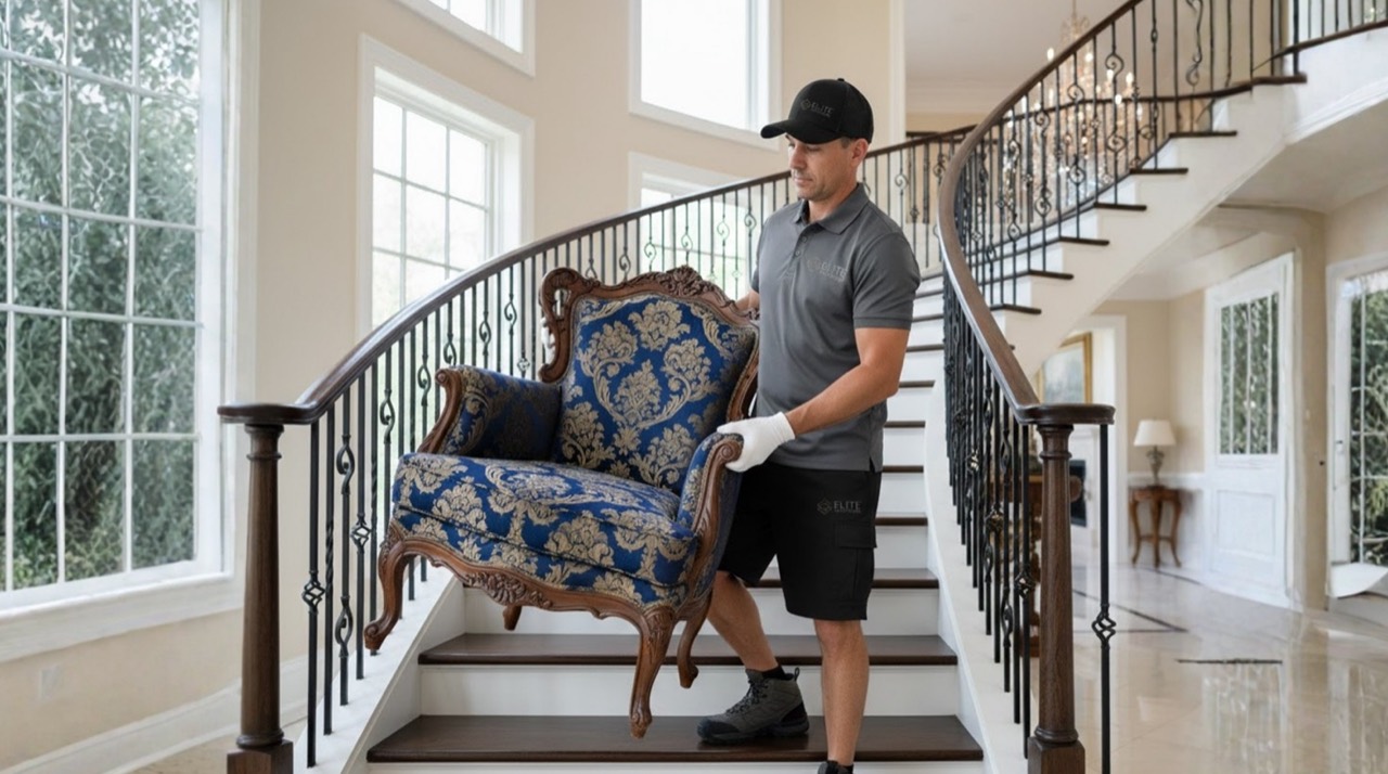 Elite Anywhere mover carrying an ornate armchair down a grand staircase in a luxury home