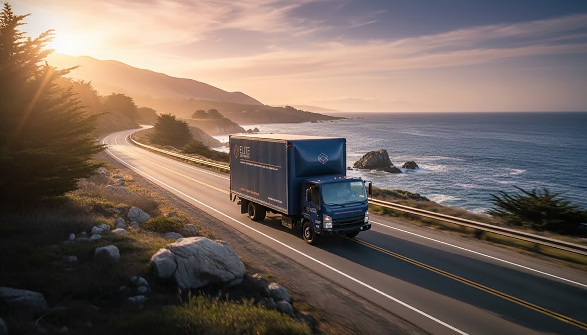 Elite Anywhere branded box truck on a scenic coastal highway at golden hour