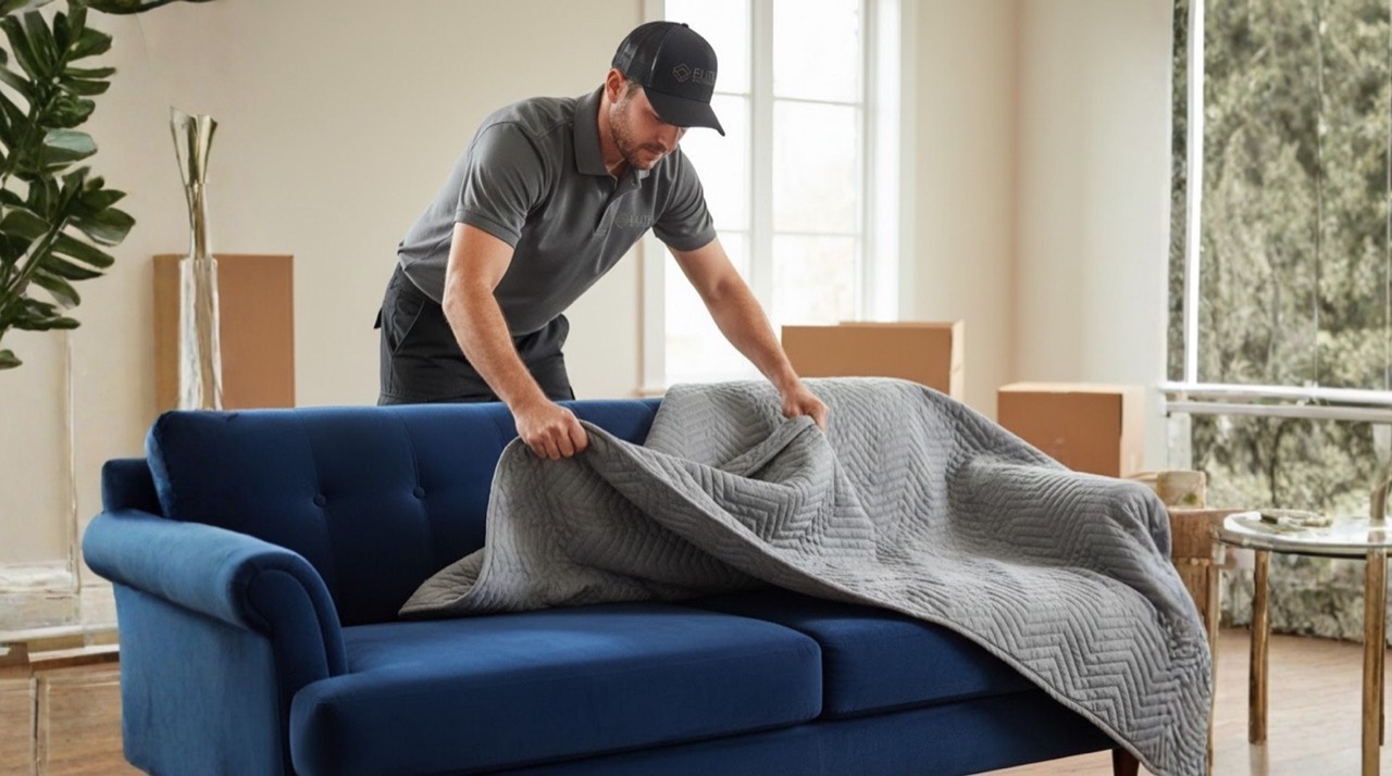 Elite Anywhere mover draping a protective moving blanket over a sofa during packing