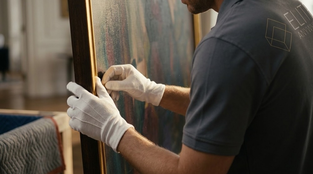 White-gloved Elite Anywhere crew member carefully handling a framed artwork before crating