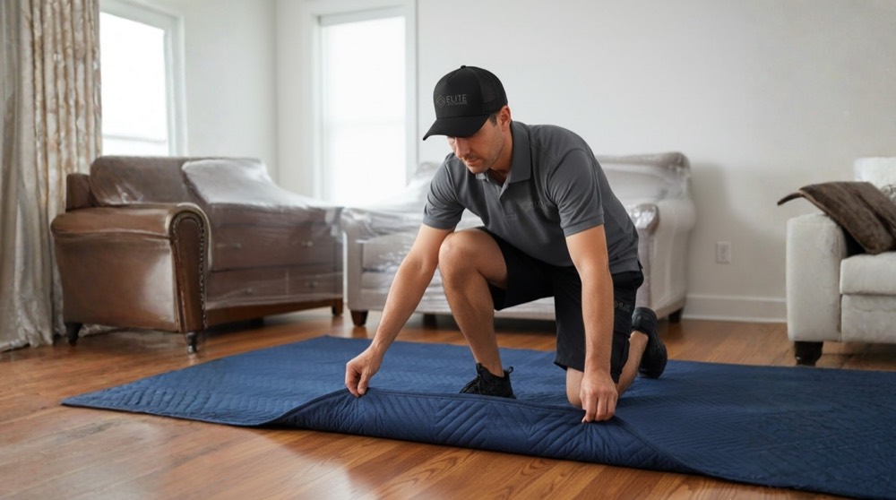 Elite Anywhere mover laying a protective moving blanket over hardwood floors