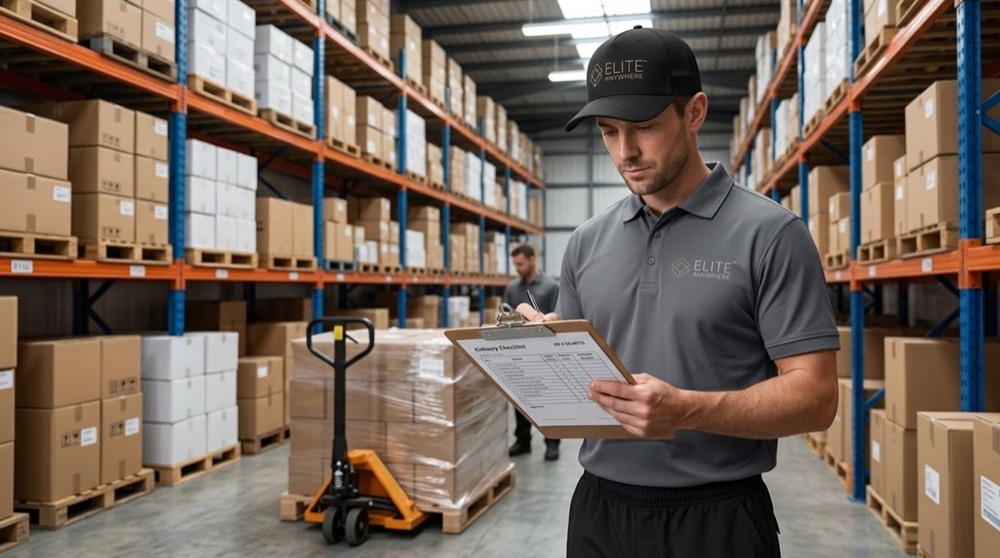 Elite Anywhere staff member reviewing inventory in a climate-controlled storage warehouse