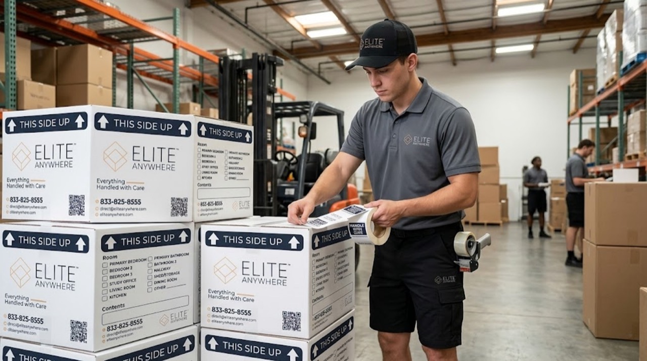 Elite Anywhere warehouse with branded boxes labeled and stored on racking